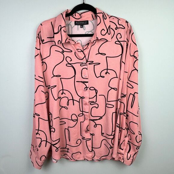 Eloquii Pink Button Down Top Long Sleeve Shirt Abstract Squiggle Print Plus 22 - Picture 4 of 15